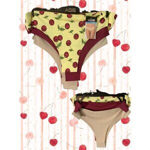 AQS XL Yellow Cherry Print-Red- Tan Seamless Lined Gusset Thong Panties-3 Pk